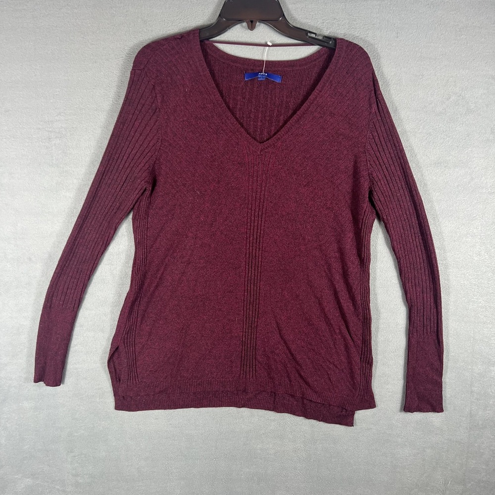 APT. 9 Women's Burgundy Mélange V-Neck Pullover Sweater Ribbed Side Slits Size L